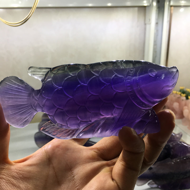 About 14CM Fluorite Golden arowana Carving crystal carved