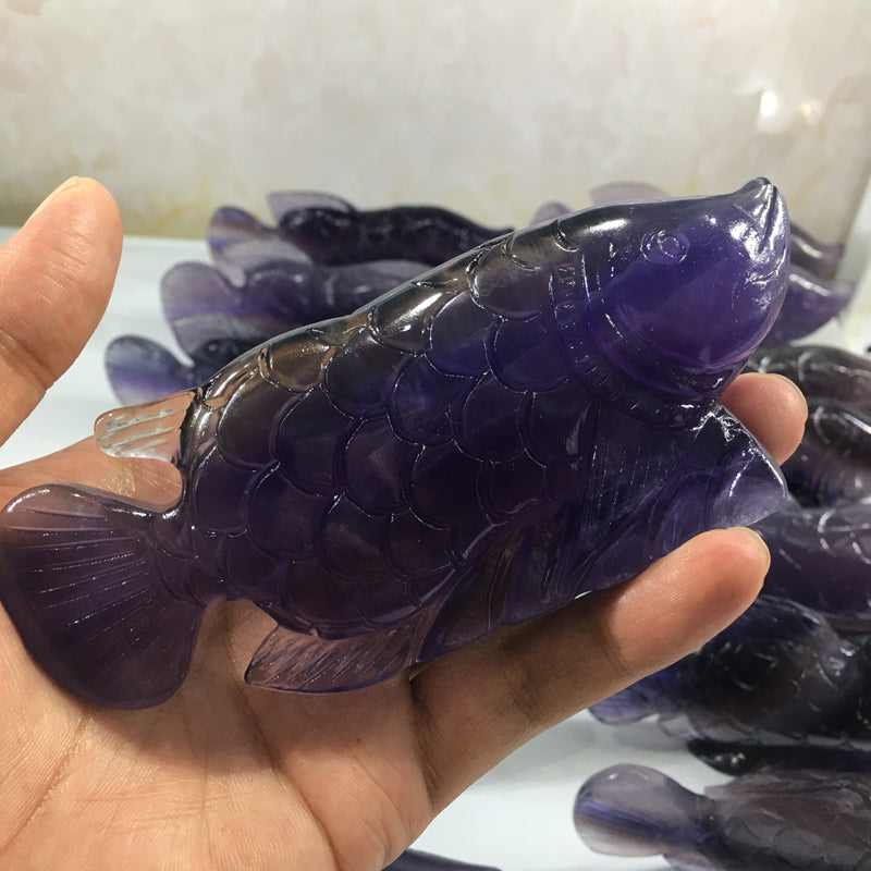 About 14CM Fluorite Golden arowana Carving crystal carved