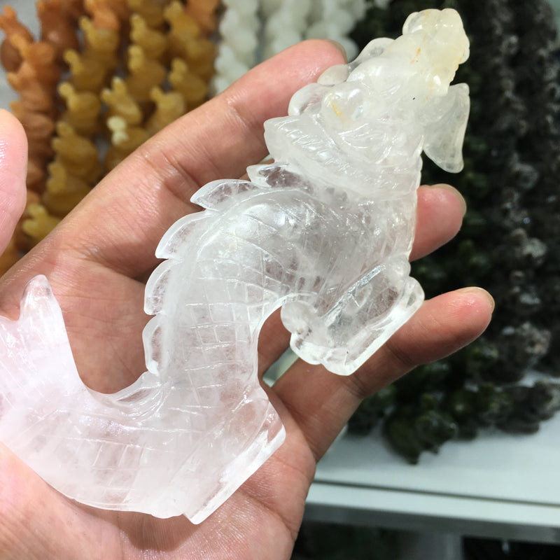 About 12.5CM Clear Quartz Chinese dragon Carving Crystal Carved