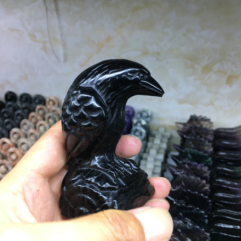 About 8.5CM Black obsidian Raven crow Carving Animal crystal carved