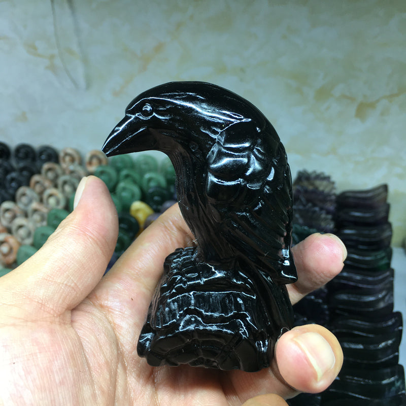 About 8.5CM Black obsidian Raven crow Carving Animal crystal carved