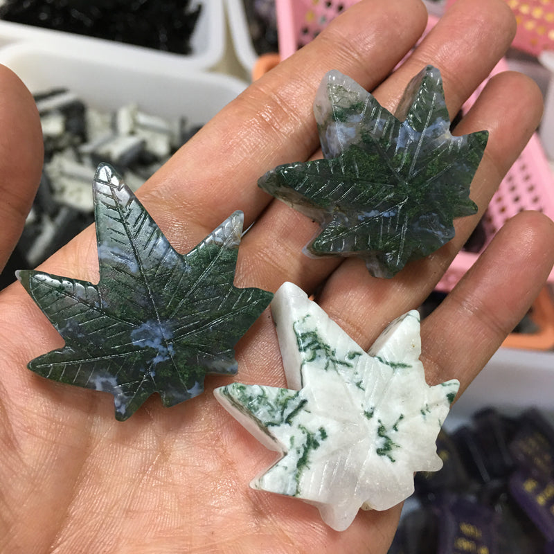 About 4.5CM Moss agate Maple leaf Carving Plant crystal carved