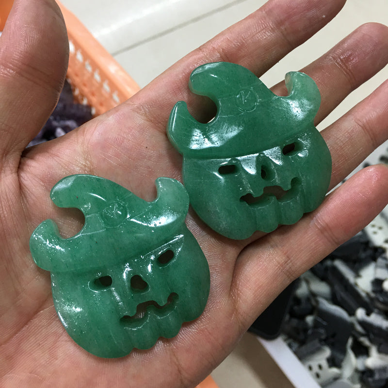 About 5.5CM Green aventurine Pumpkin face Jack-o'-lantern Carving Halloween crystal carved