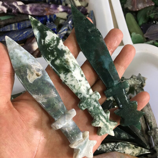 About 13CM Moss agate dagger Carving crystal carved