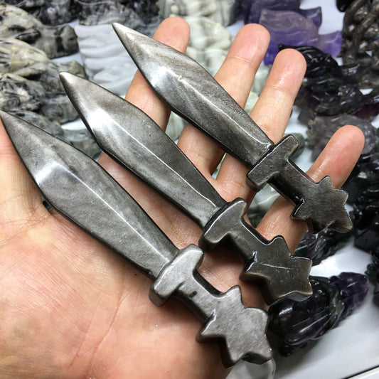 About 13CM Sliver obsidian dagger Carving crystal carved