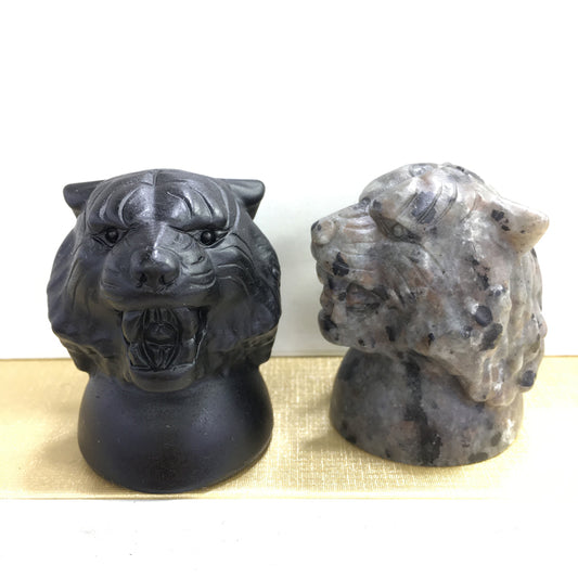 Tiger's head Black obsidian Yooperlite Carving Natural crystal animal carved