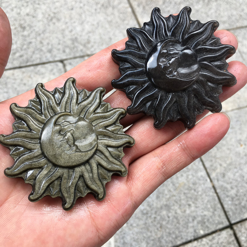 Silver Obsidian Gold Obsidian Sun and Moon Face Carving crystal carved