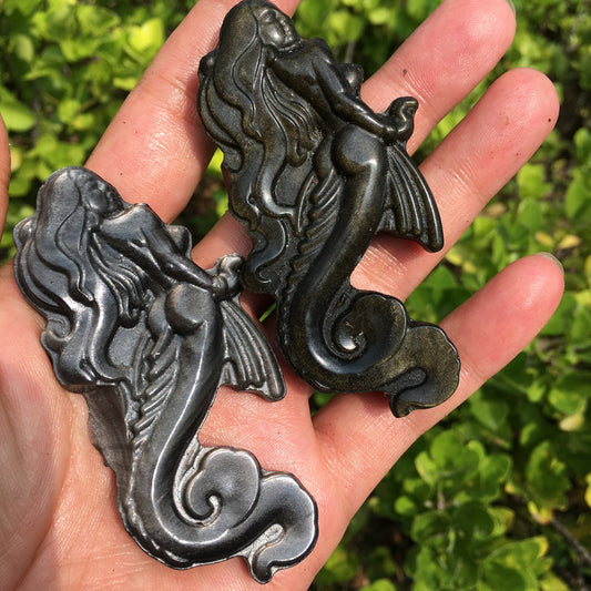 Silver Obsidian Gold Obsidian Mermaid Carving crystal carved