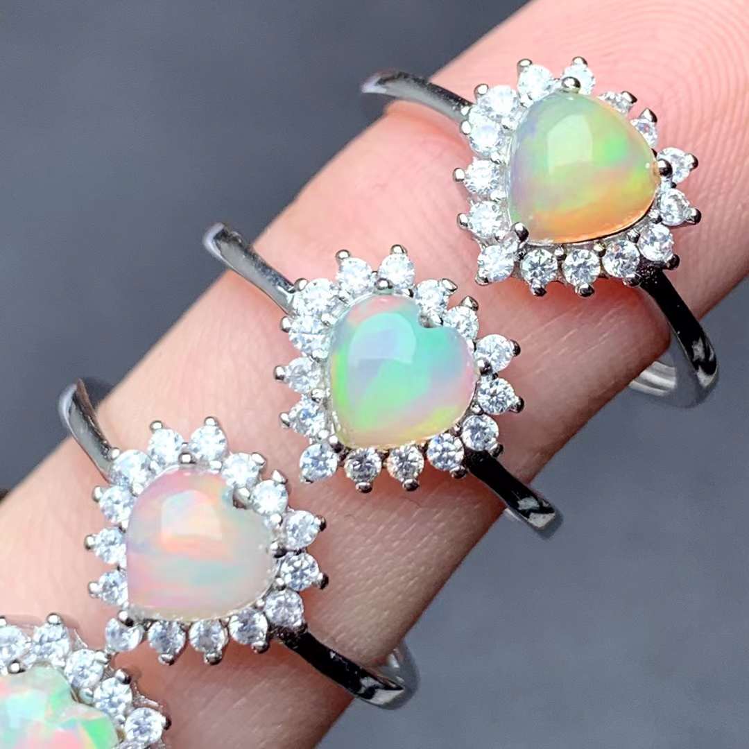 heart-shaped opal ring 925 silver ring Adjustable crystal ring