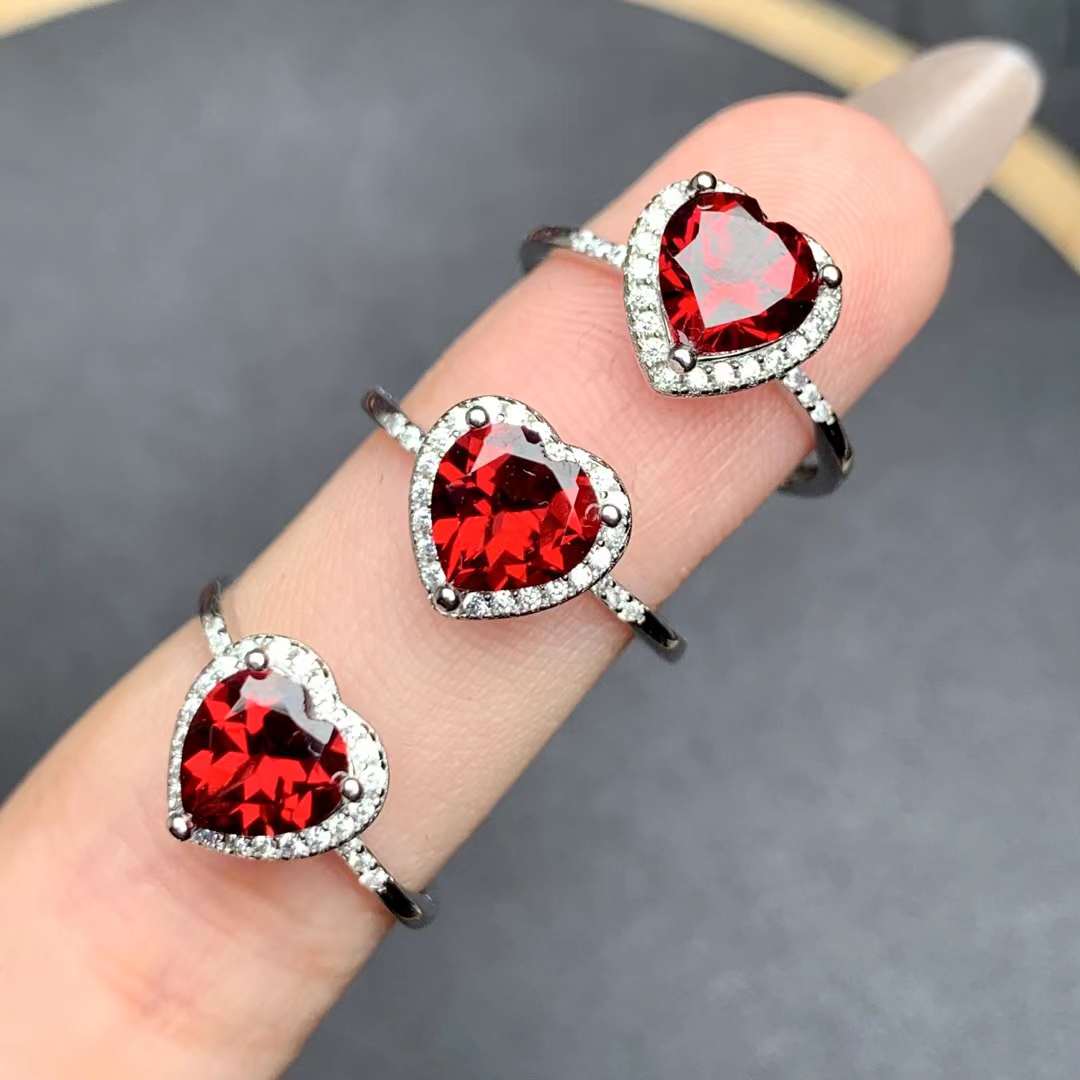 heart-shaped Garnet ring 925 silver ring Adjustable crystal ring