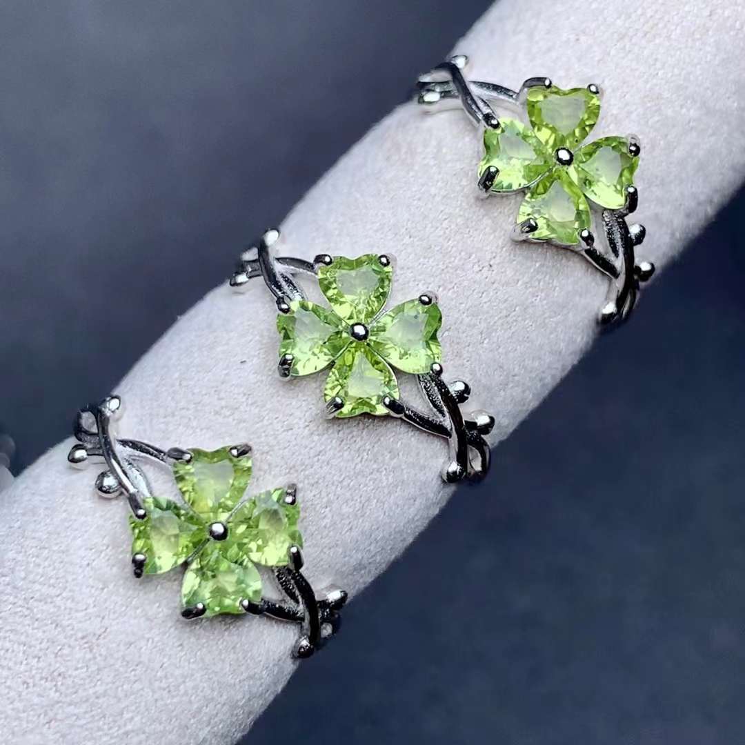 four-leaf clover peridot ring 925 silver ring Adjustable crystal ring