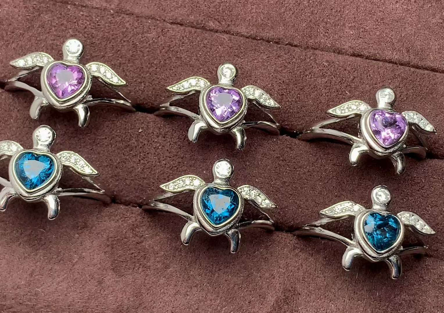 Amethyst London blue topaz heart-shaped turtlering 925 silver ring Adjustable crystal ring gemstone ring