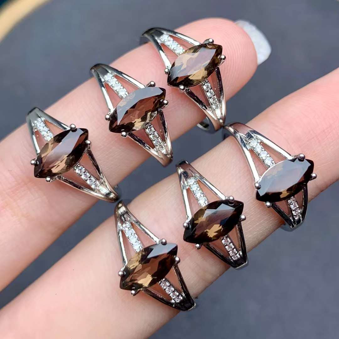 almond-shaped Smoky Quartz ring Copper Adjustable crystal ring