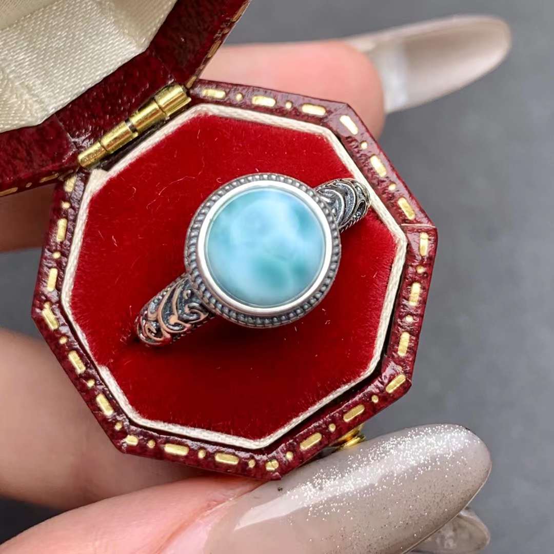 round Larimar ring 925 silver ring Adjustable crystal ring