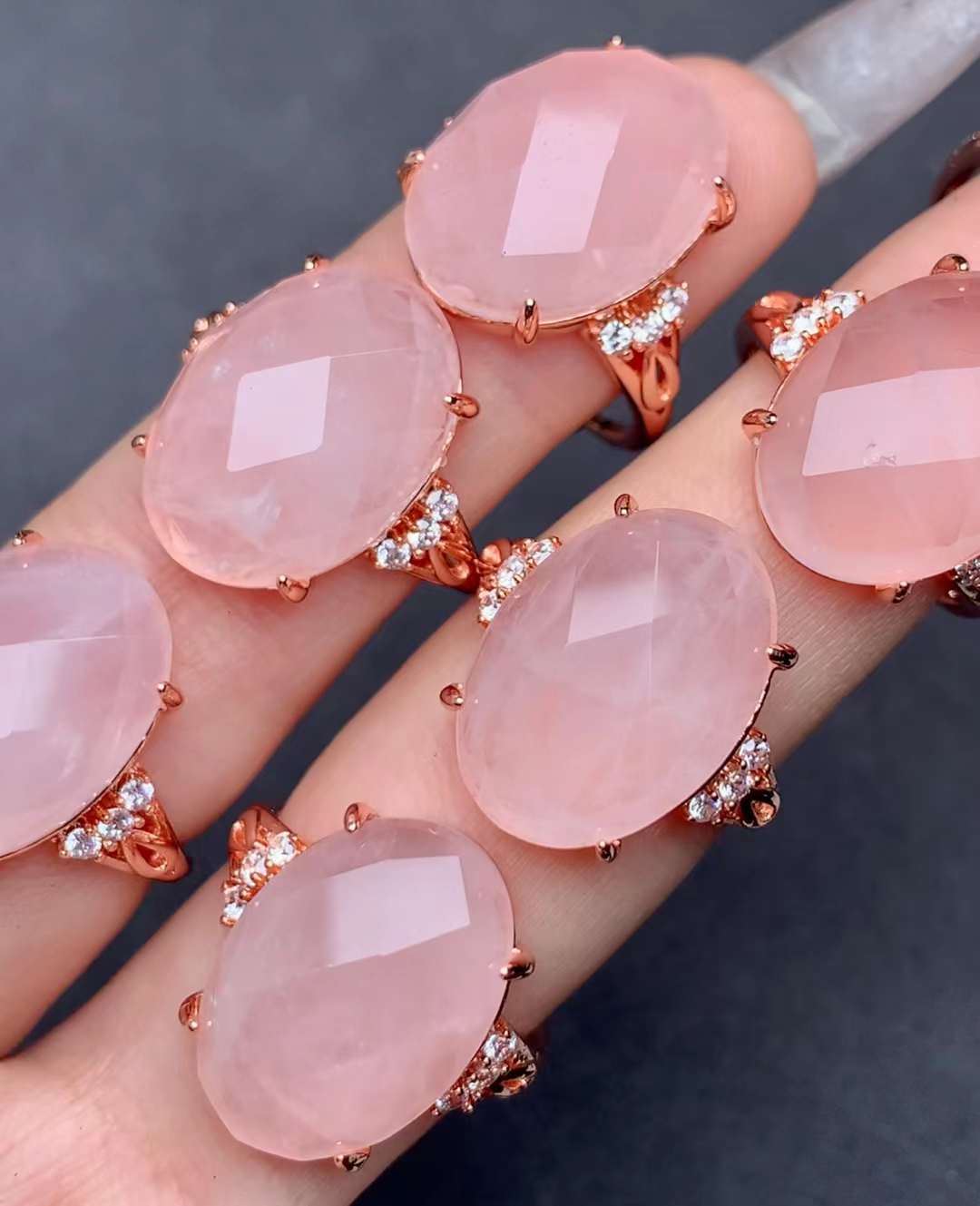 large-grain facet rose quartz ring Copper Adjustable crystal ring