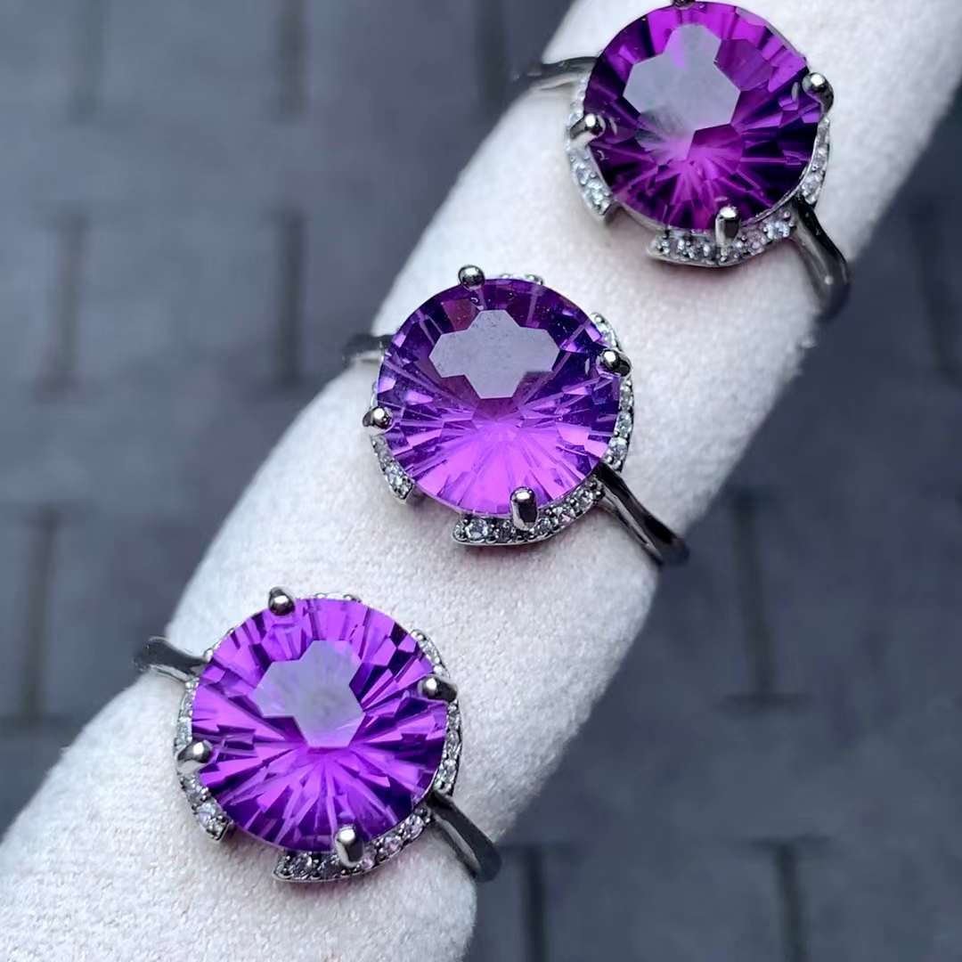 round amethyst ring 925 silver ring Adjustable crystal ring