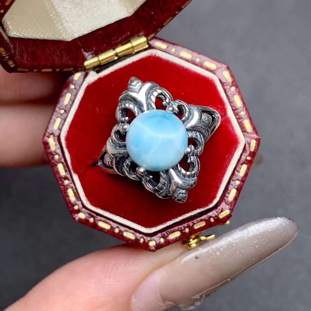 Vintage Larimar ring 925 silver ring Adjustable crystal ring