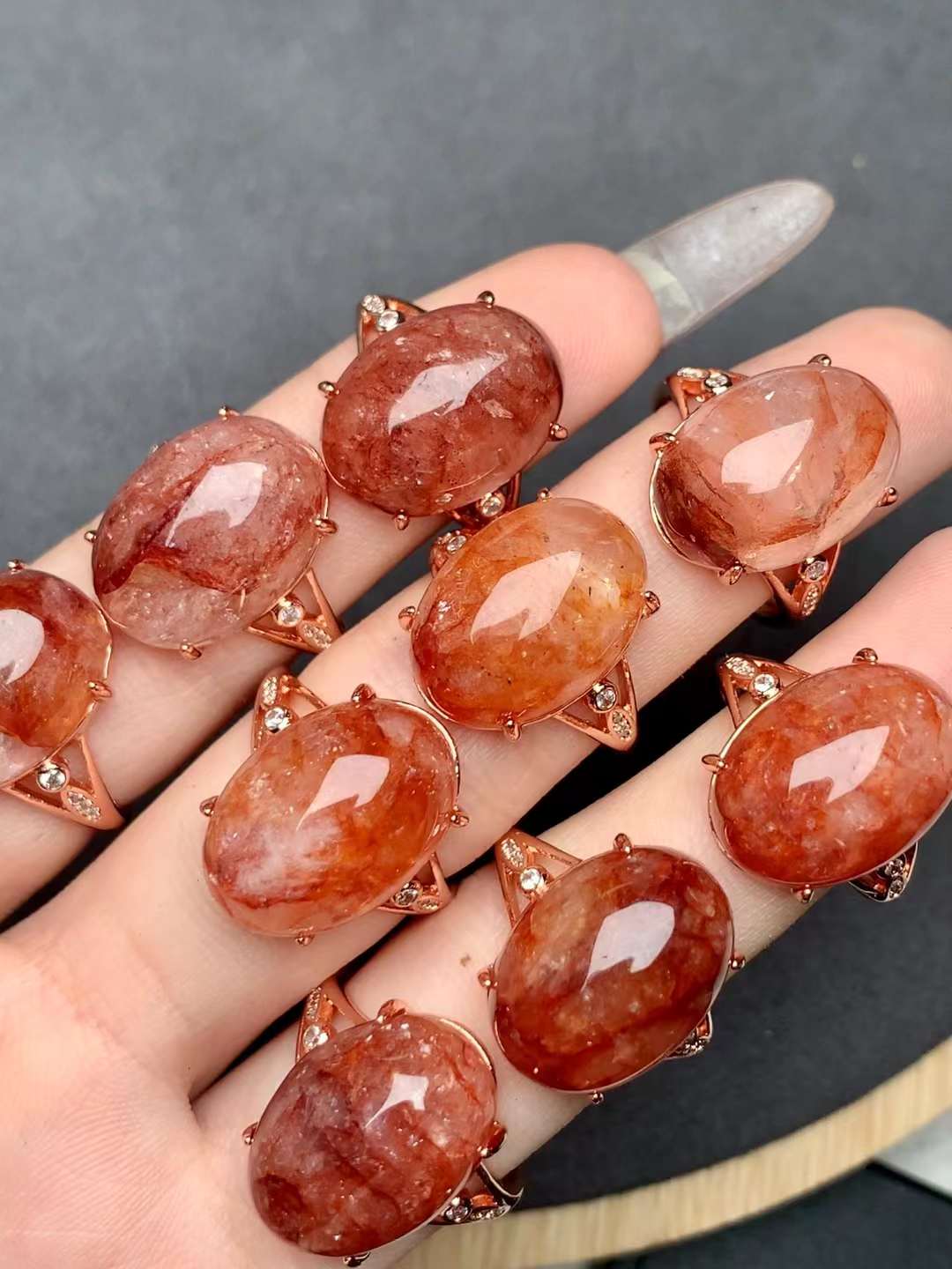 large-grain fire quartz ring Copper Adjustable crystal ring