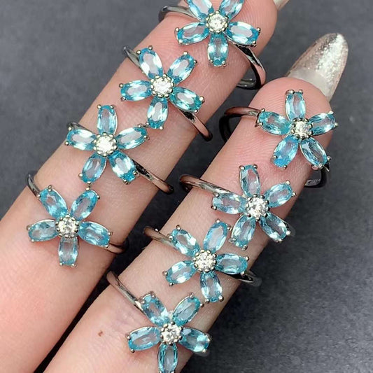 Apatite flower ring 925 silver ring Adjustable crystal ring