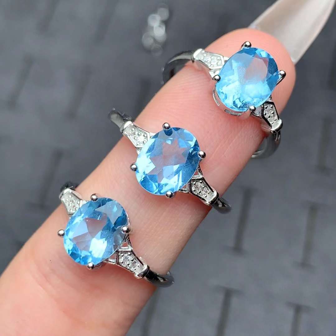 blue topaz ring 925 silver ring Adjustable crystal ring