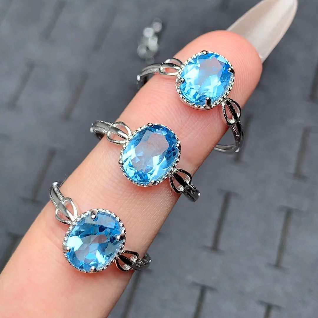 blue topaz ring 925 silver ring Adjustable crystal ring