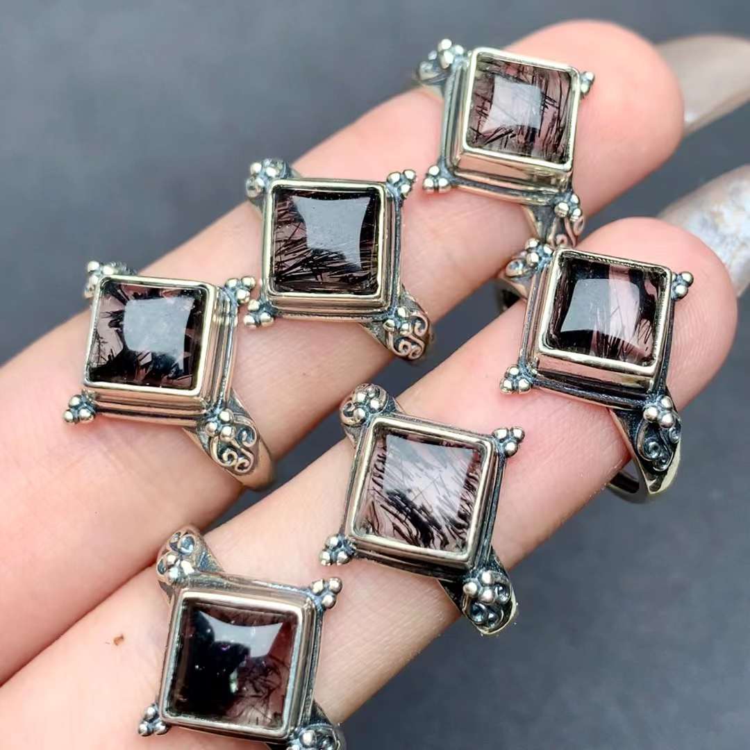 Square Black Rutilated Quartz ring 925 silver ring Adjustable crystal ring