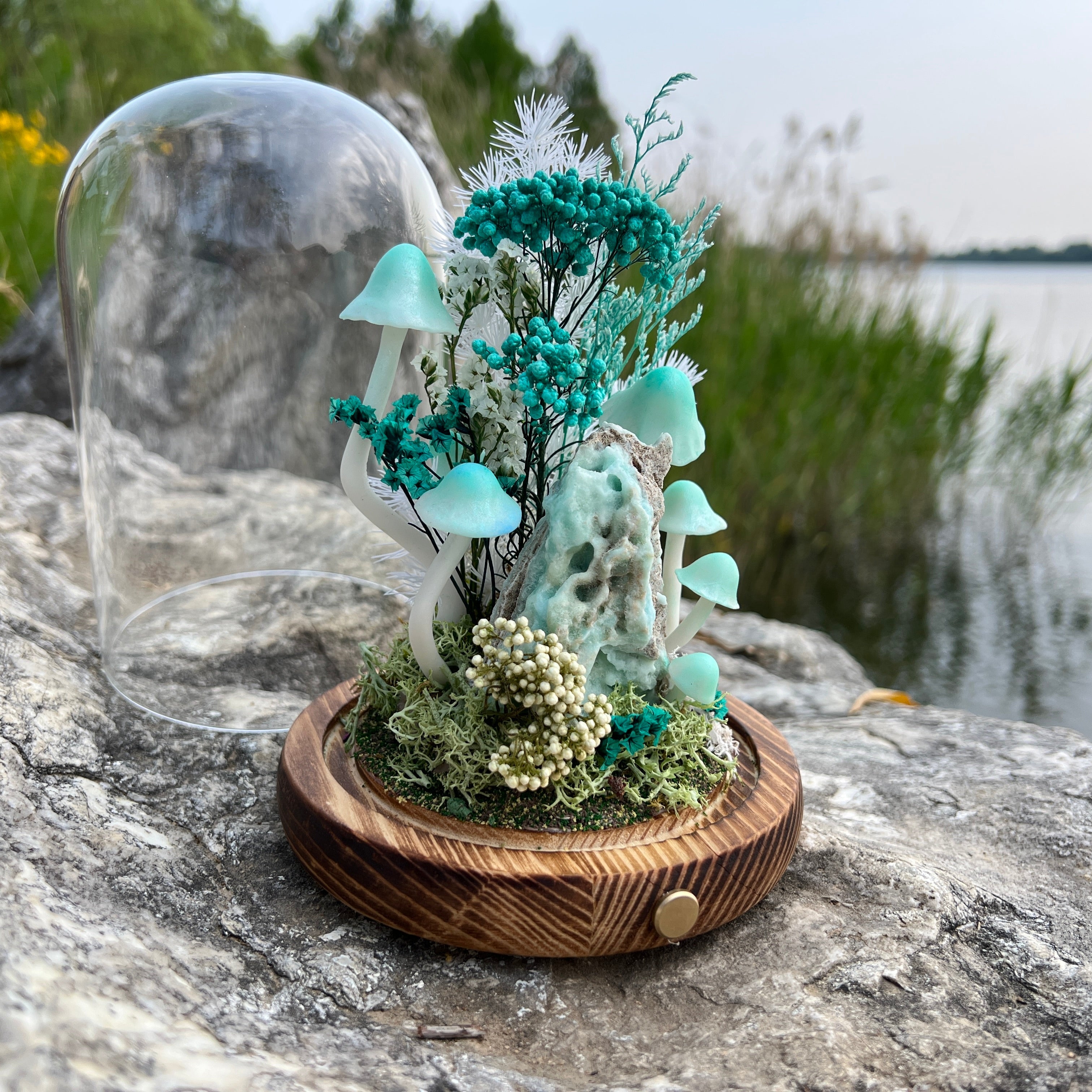 Ocean Whisper: Natural Hemimorphite & Eternal Seafoam Meadow Lamp | Handmade Crystal Mushroom Lamp