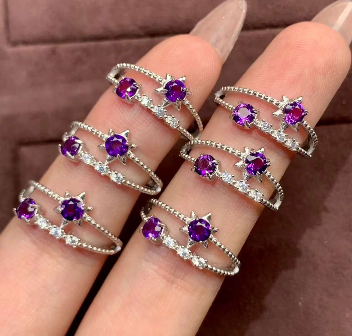 amethyst ring 925 silver ring Adjustable crystal ring