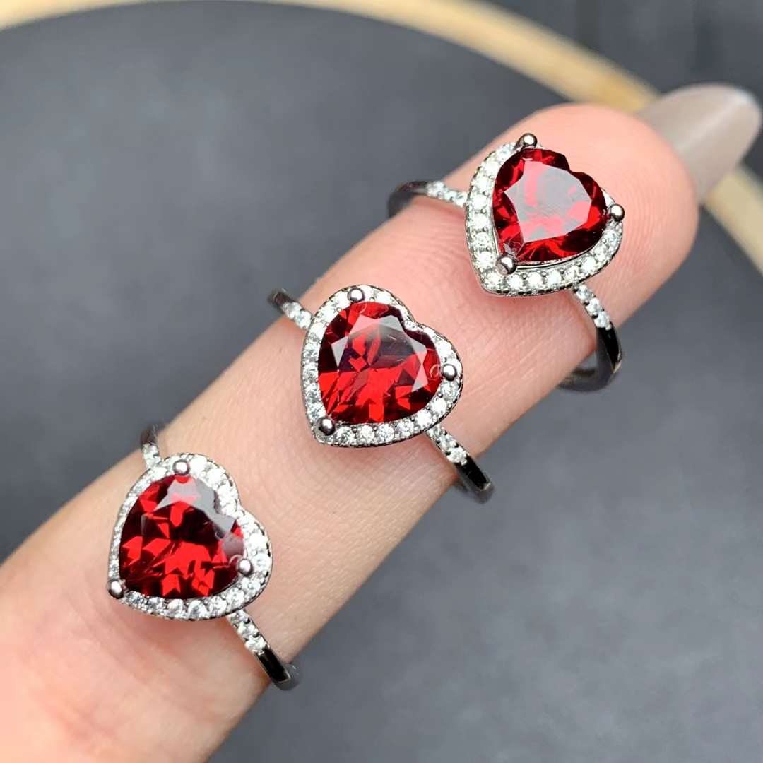 heart-shaped Garnet ring 925 silver ring Adjustable crystal ring