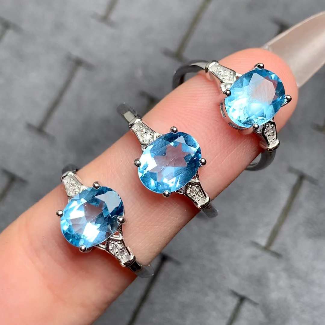 blue topaz ring 925 silver ring Adjustable crystal ring