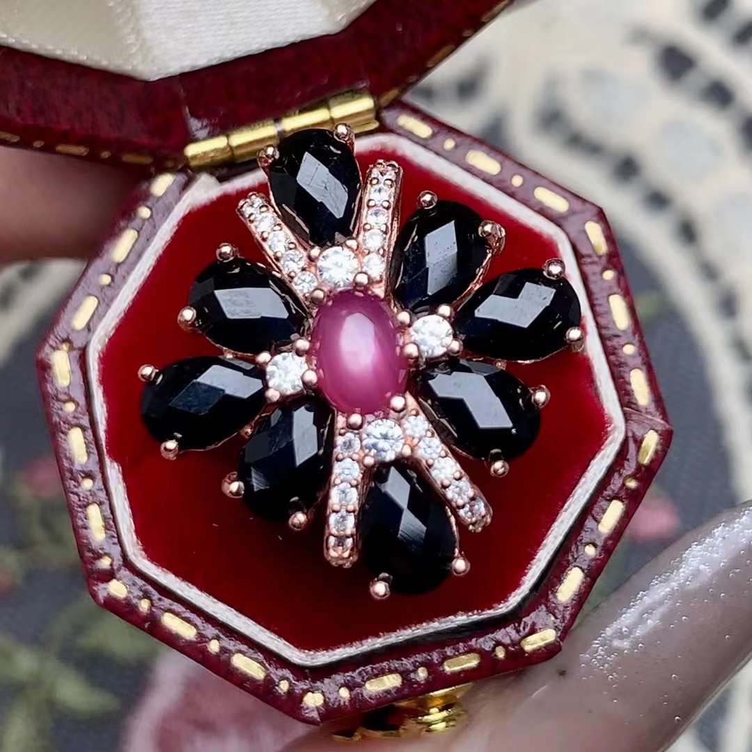 black spinel ruby ring 925 silver ring Adjustable crystal ring