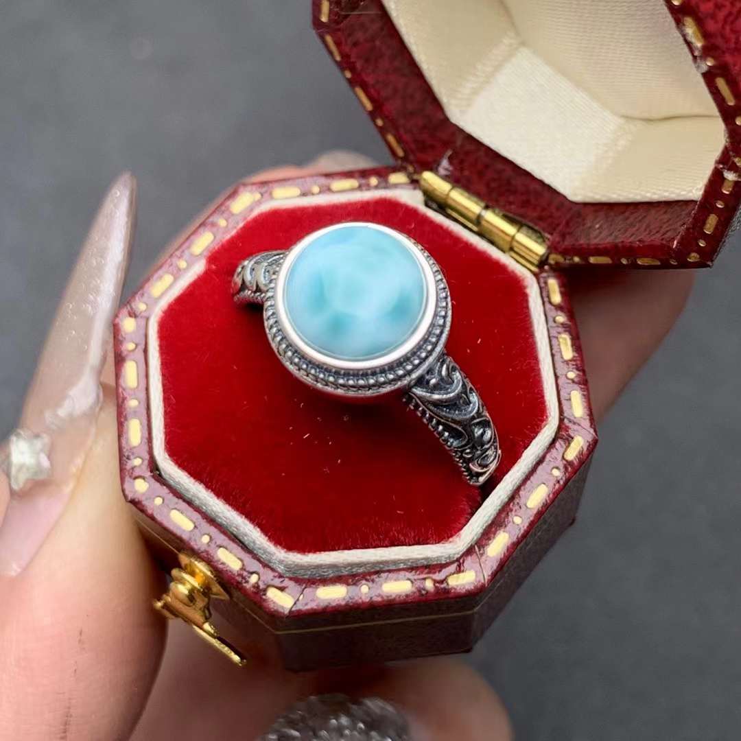 round Larimar ring 925 silver ring Adjustable crystal ring