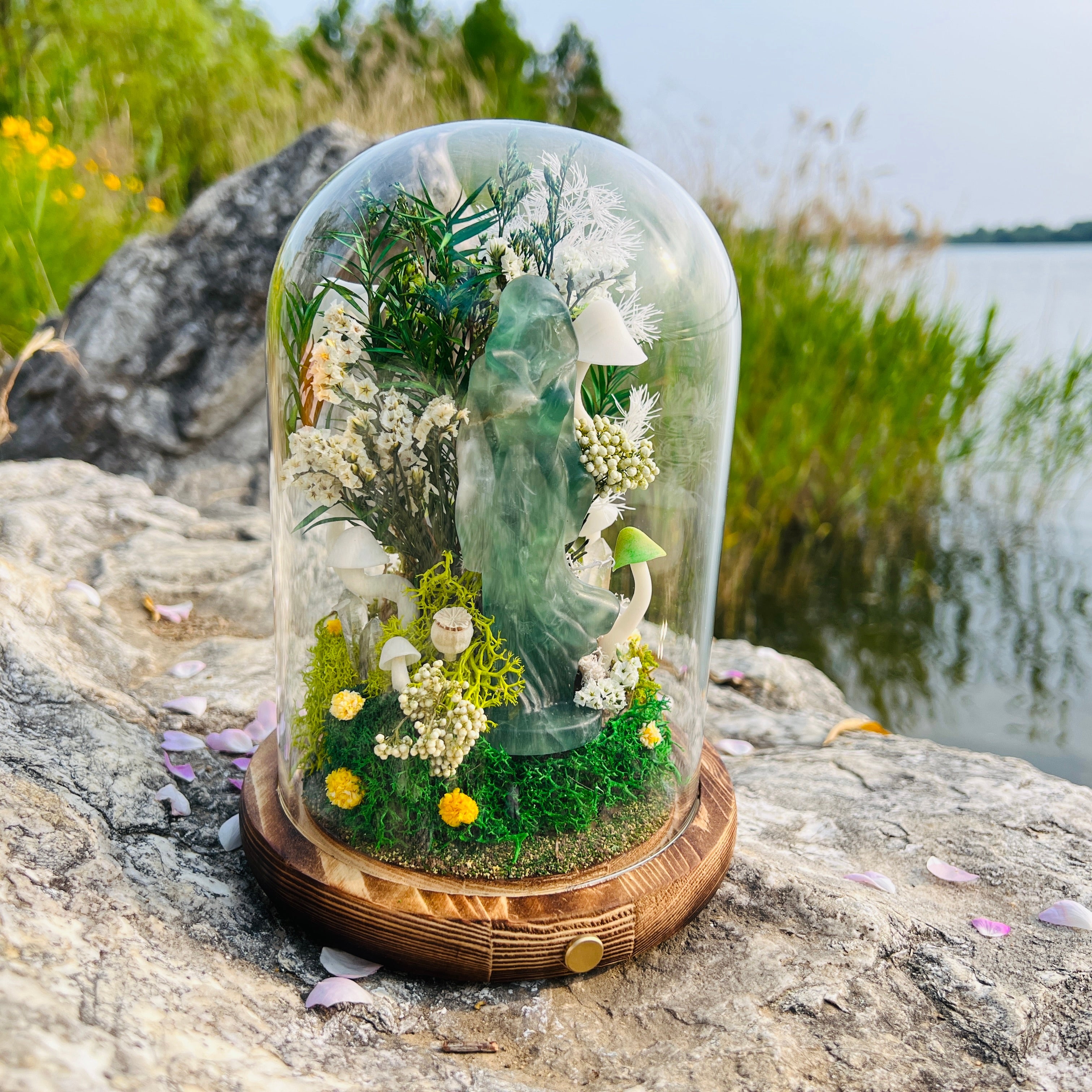 Mystic Forest Witch: Green Fluorite Goddess Night Light | Handmade Crystal Mushroom lamp