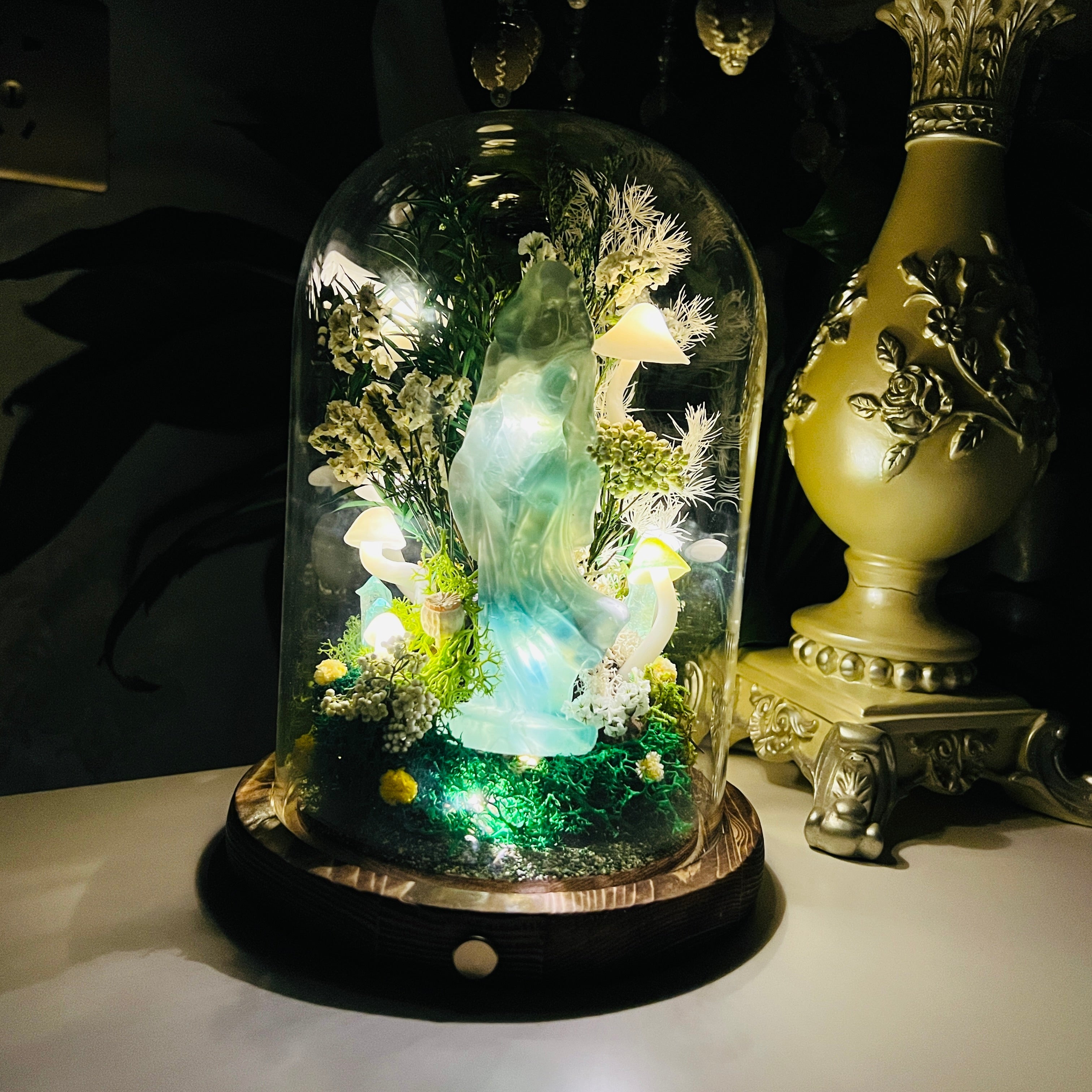 Mystic Forest Witch: Green Fluorite Goddess Night Light | Handmade Crystal Mushroom lamp
