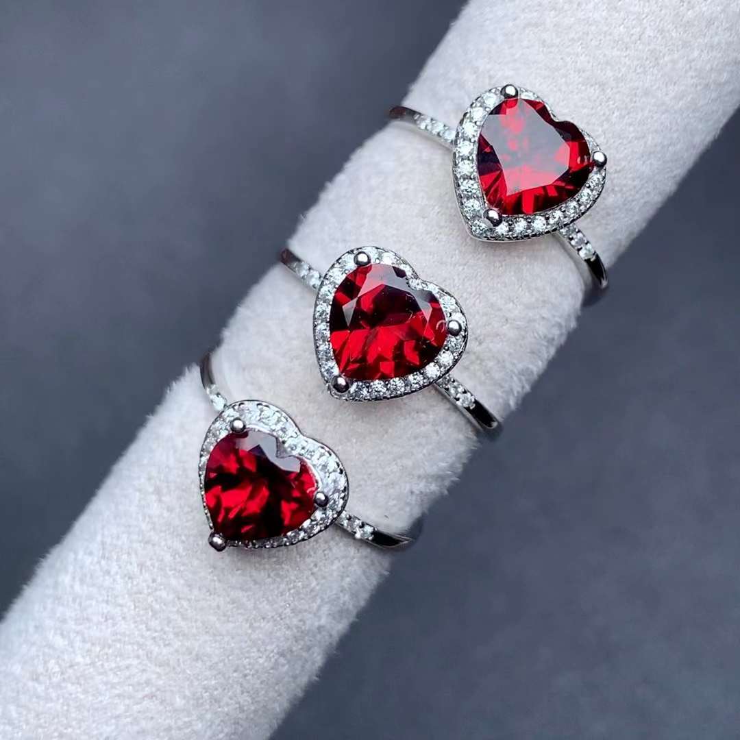 heart-shaped Garnet ring 925 silver ring Adjustable crystal ring