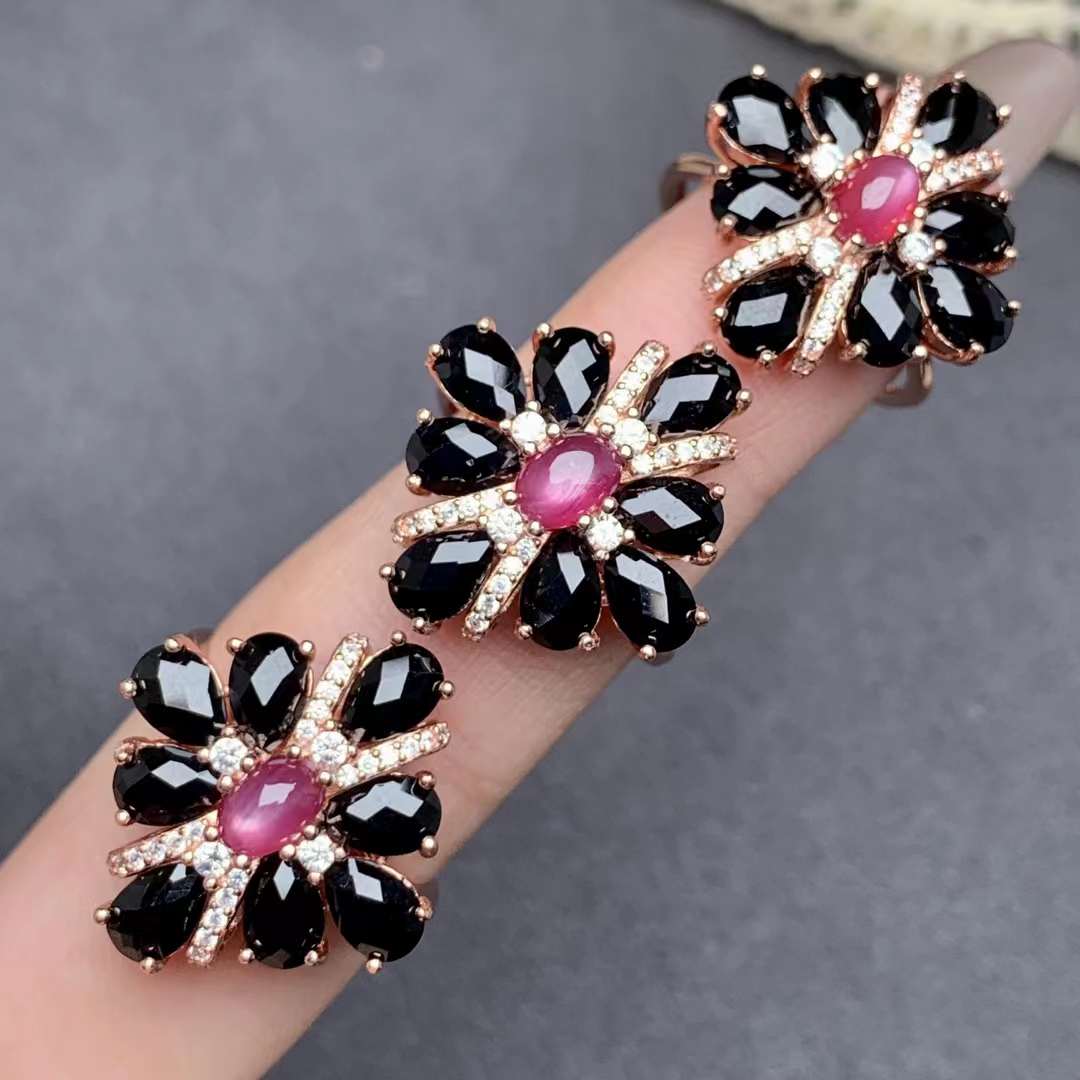 black spinel ruby ring 925 silver ring Adjustable crystal ring