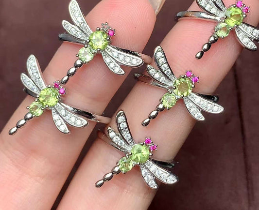 Dragonfly Peridot ring Copper Adjustable crystal ring  gemstone ring