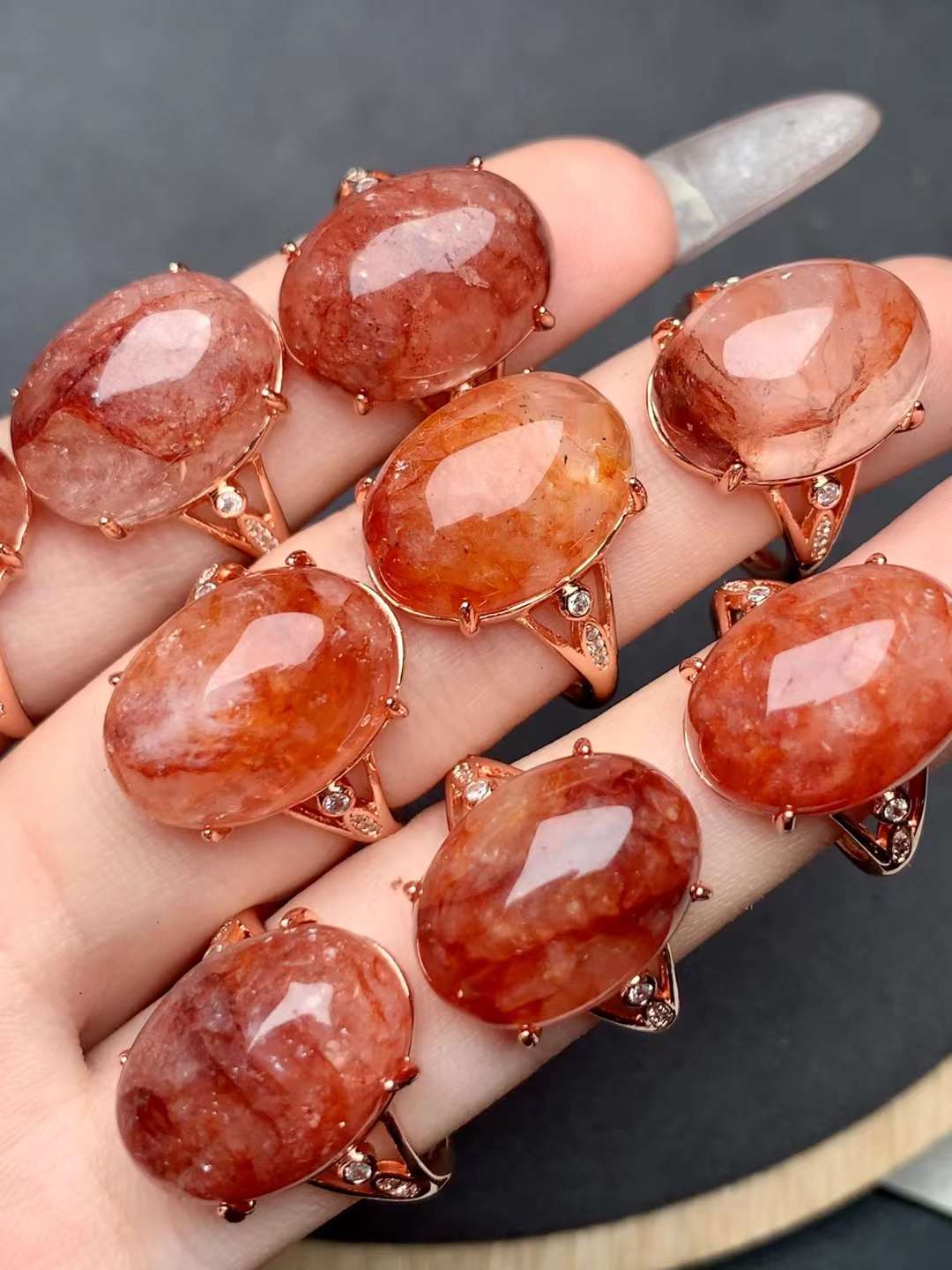 large-grain fire quartz ring Copper Adjustable crystal ring