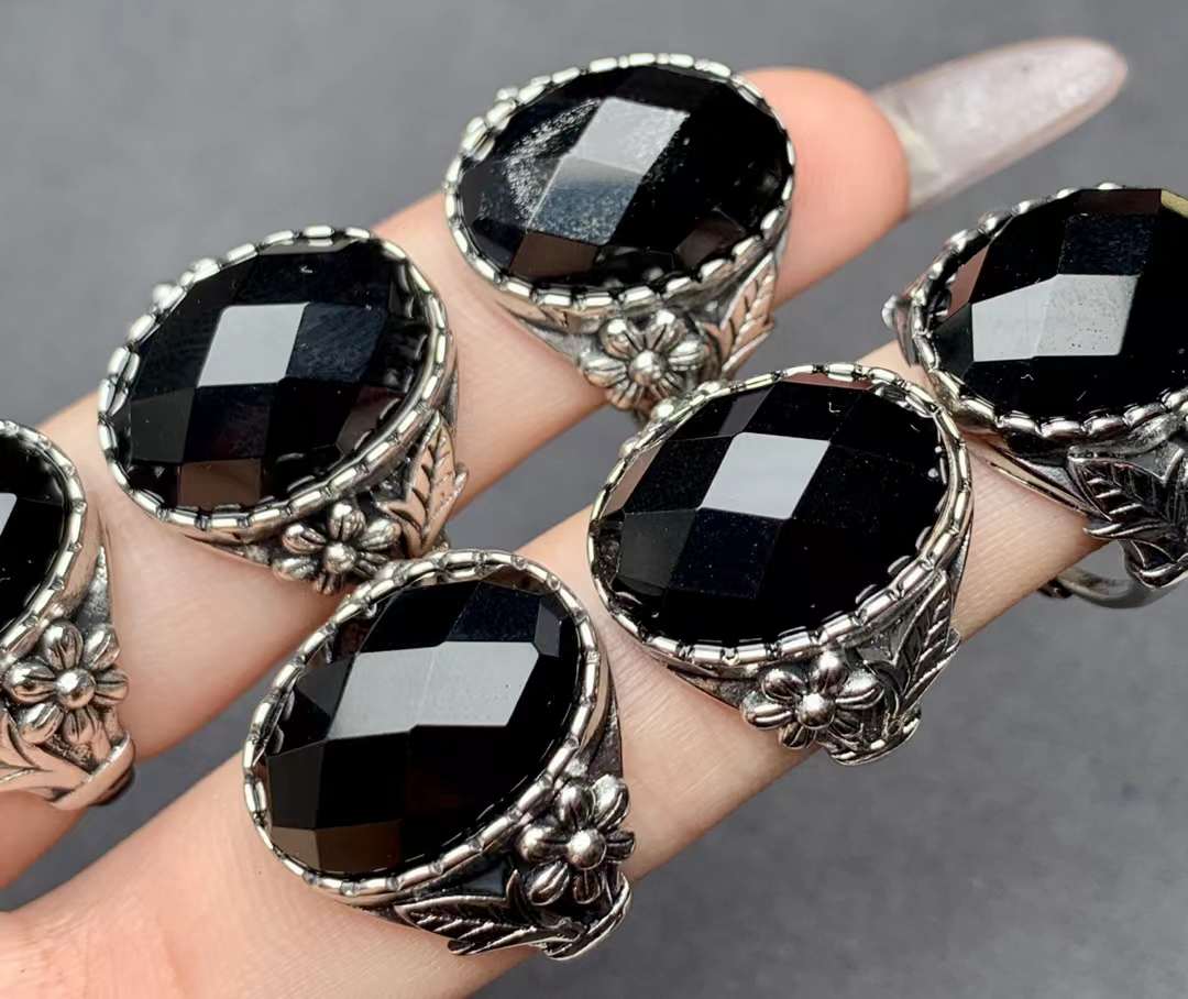 large-grain facet black obsidian ring Copper Adjustable crystal ring