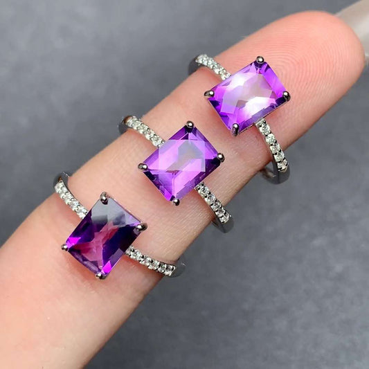 rectangular amethyst ring 925 silver ring Adjustable crystal ring