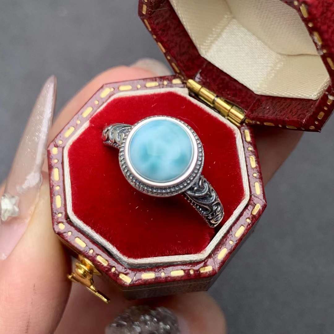 round Larimar ring 925 silver ring Adjustable crystal ring