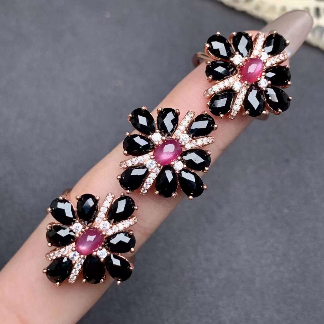 black spinel ruby ring 925 silver ring Adjustable crystal ring