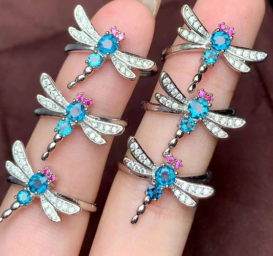 Dragonfly Blue Topaz ring Copper Adjustable crystal ring  gemstone ring