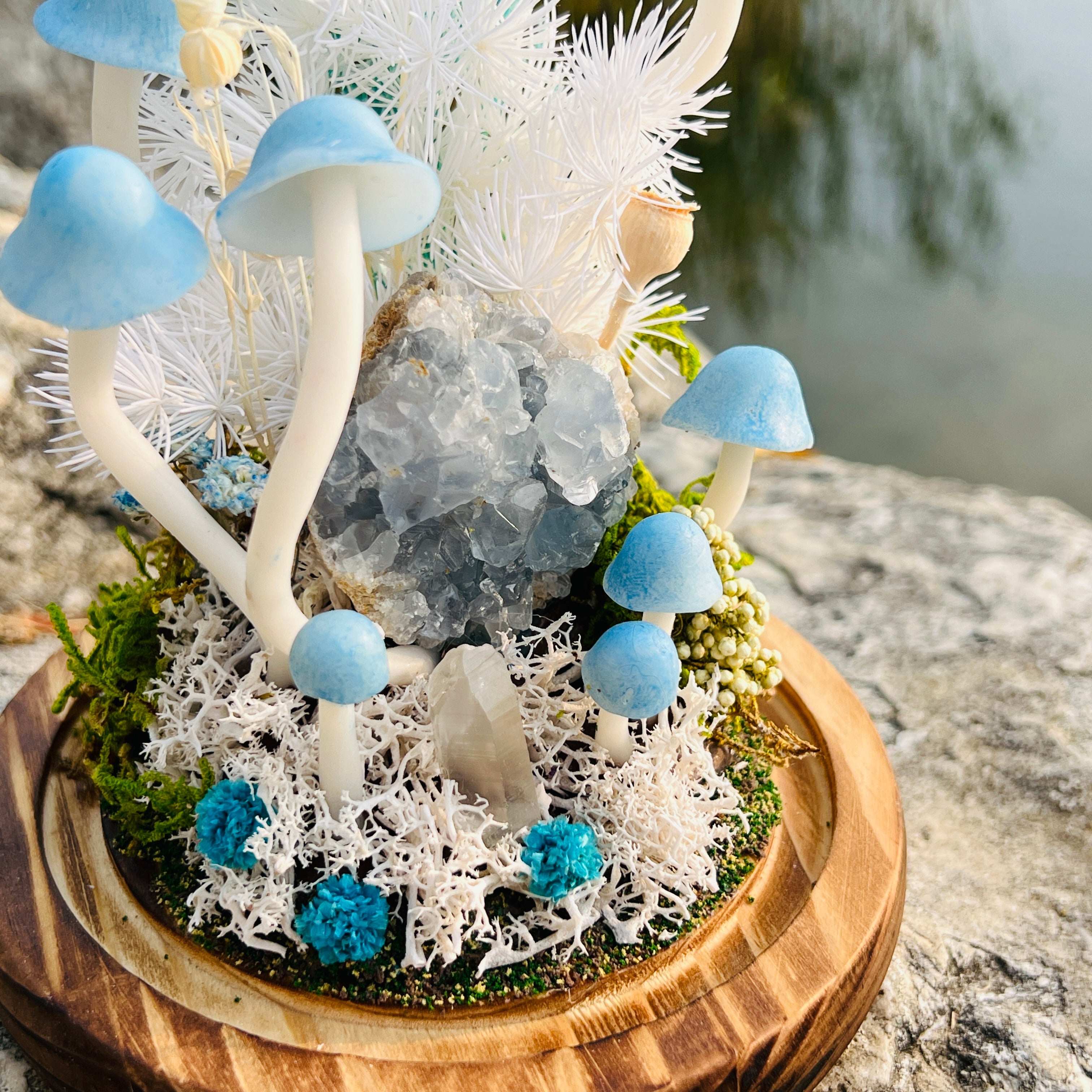 Natural Celestite Cluster & Enchanted Snowy Forest night light | Handmade Crystal Mushroom Lamp