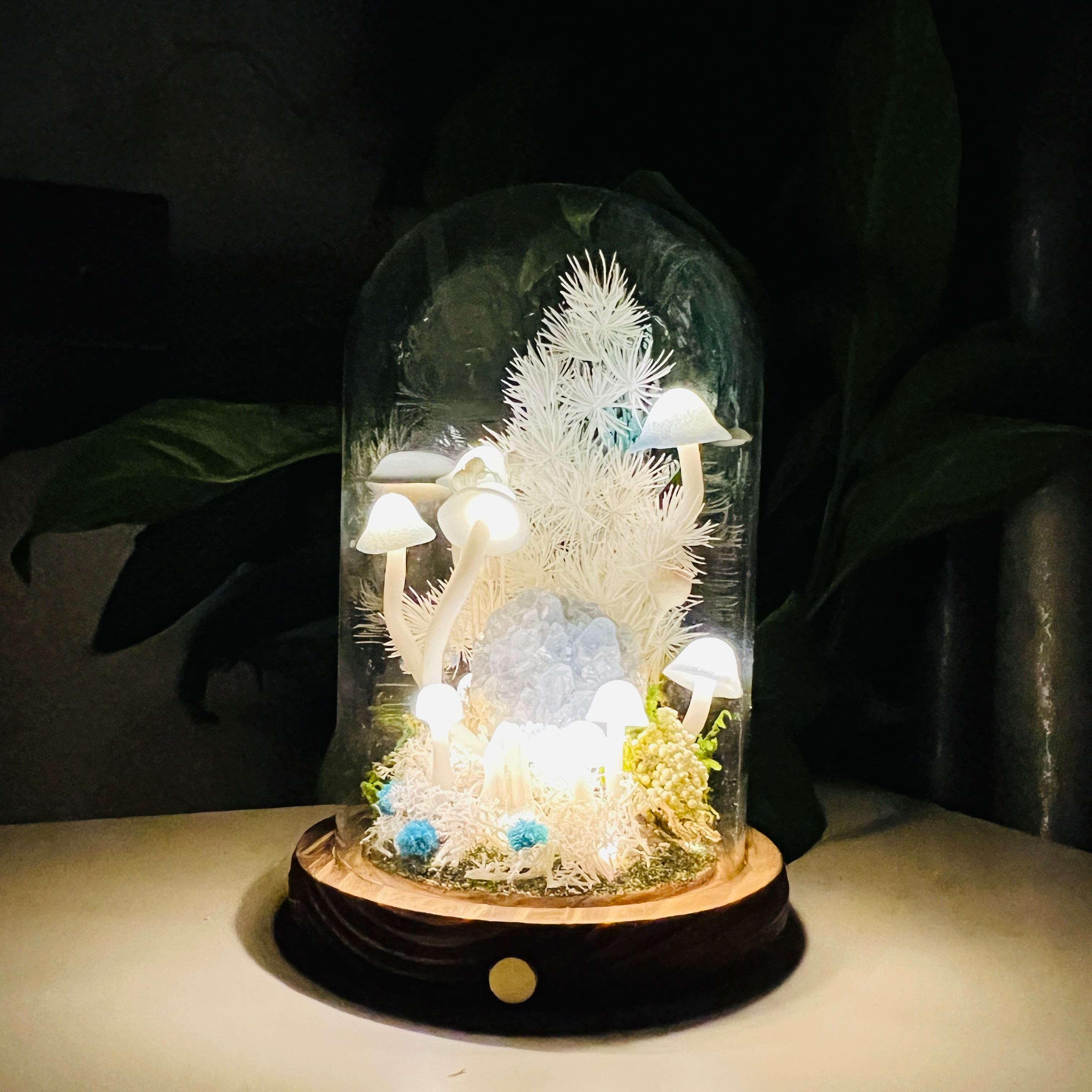 Natural Celestite Cluster & Enchanted Snowy Forest night light | Handmade Crystal Mushroom Lamp