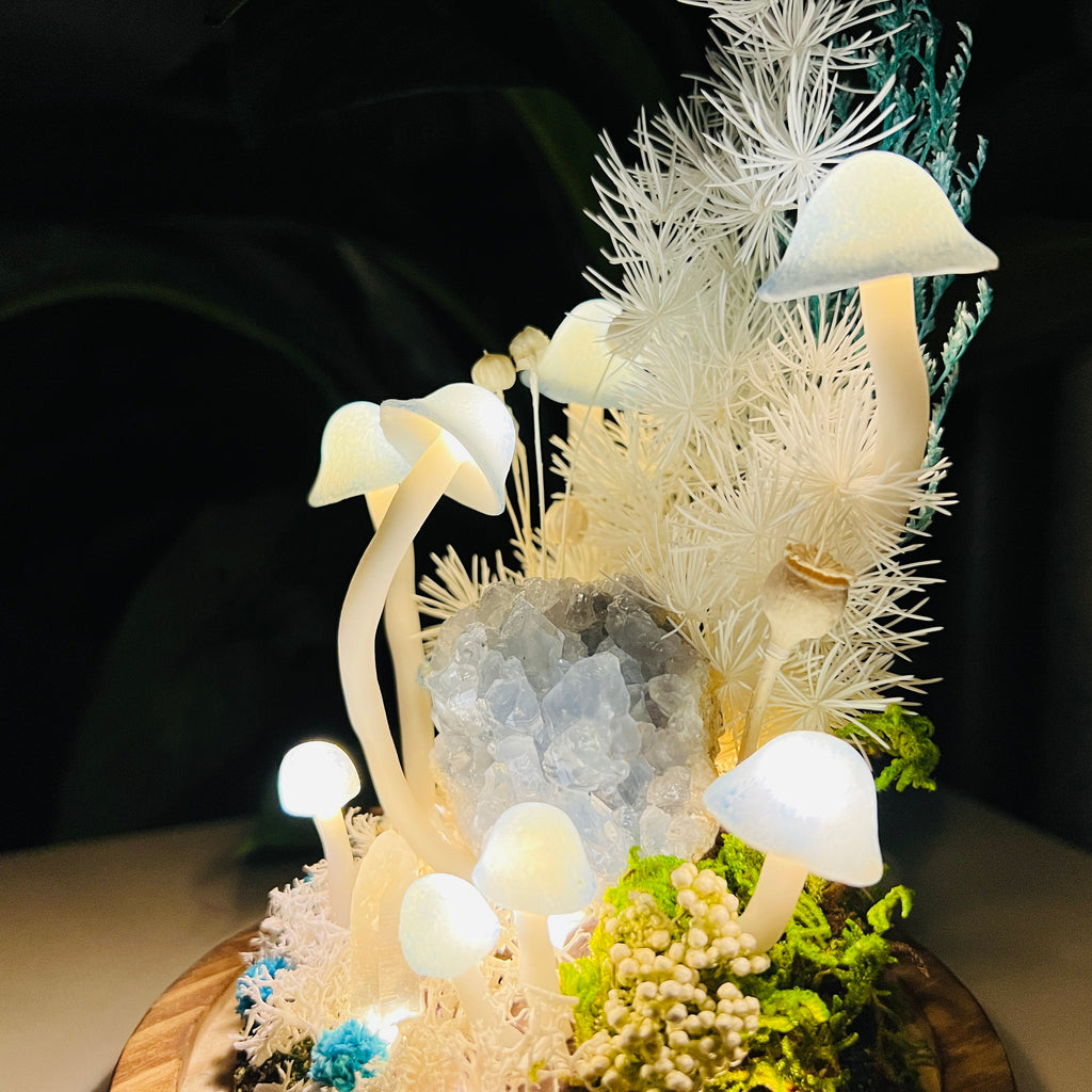 Natural Celestite Cluster & Enchanted Snowy Forest night light | Handmade Crystal Mushroom Lamp