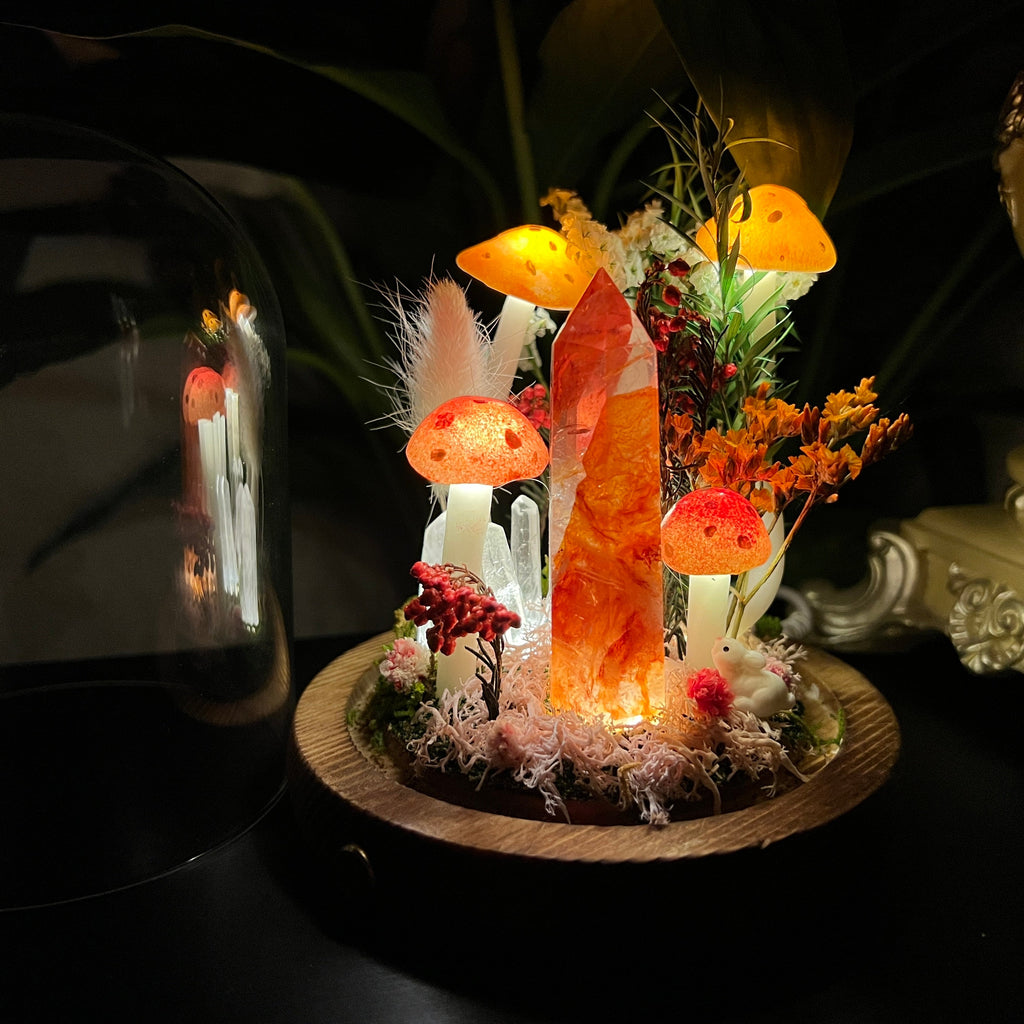 Blazing Spirit: Natural Fire Quartz Tower & Crimson Forest Night Light | Handmade Crystal Mushroom Lamp