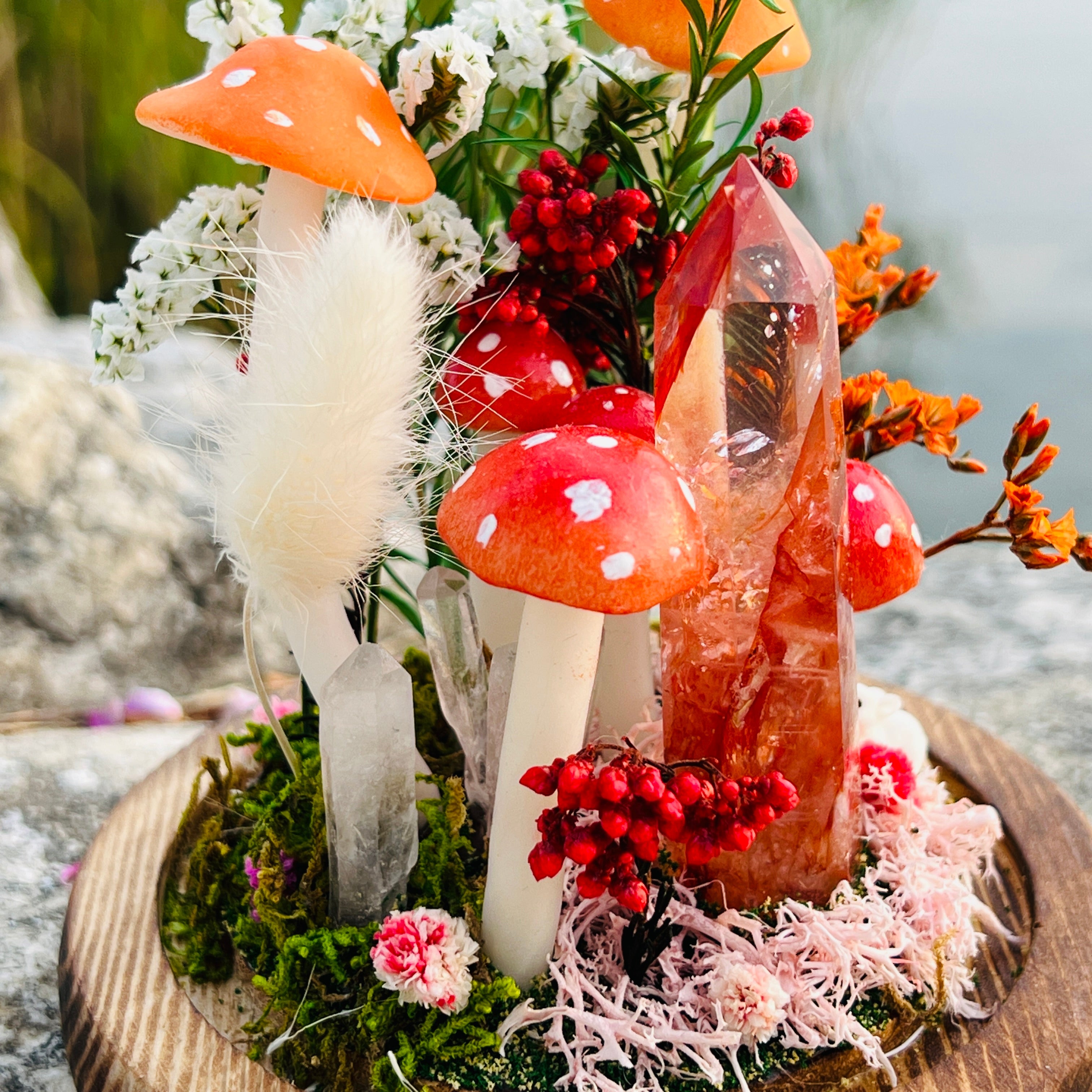 Blazing Spirit: Natural Fire Quartz Tower & Crimson Forest Night Light | Handmade Crystal Mushroom Lamp