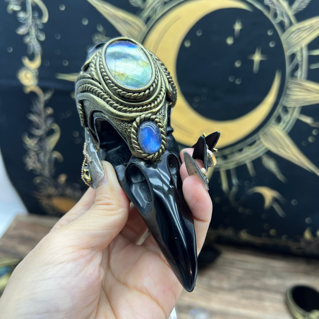 The Shadow Worker - Labradorite,moonstone , Carved Black Obsidian RavenSkull & Carved Black obsidian Skull Crystal AltarPiece
