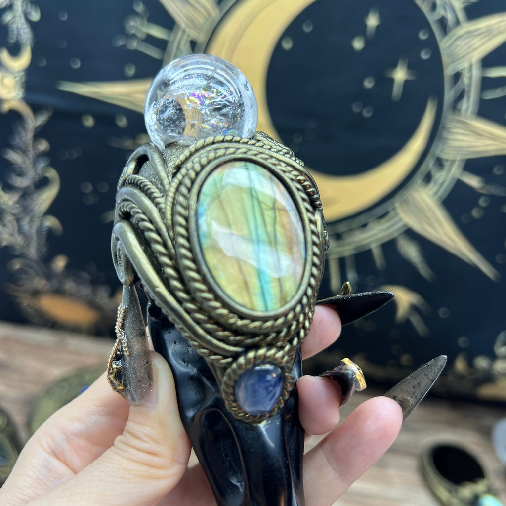 The Shadow Worker - Labradorite,moonstone , Carved Black Obsidian RavenSkull &Rainbow Clear quartz sphere Crystal AltarPiece